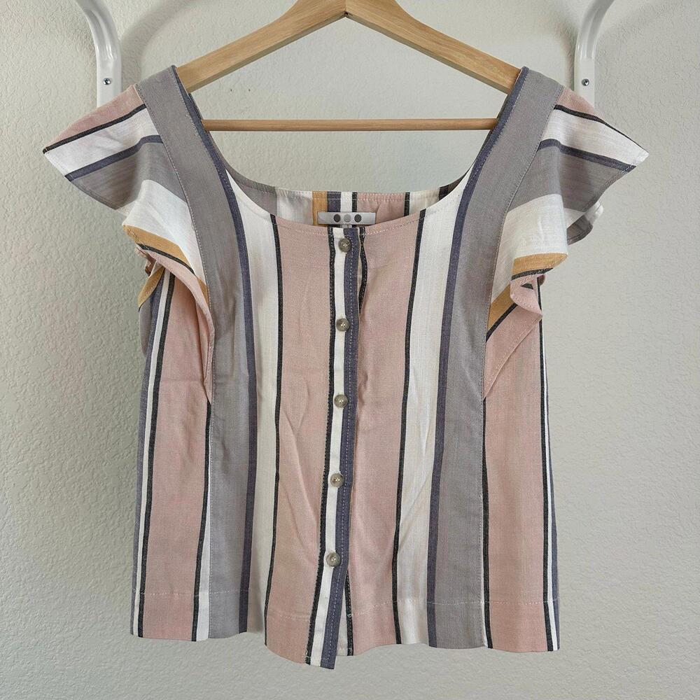 S Women's Three Dots Flutter Sleeve Cropped Striped Shirt - Pink Blue Cream Grey